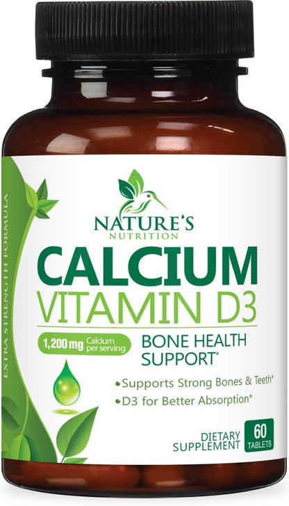 Calcium Supplement with Vitamin D3-1200 mg Calcium per Serving with D3 for Best Absorption - Supports Immune Health, Bones & Teeth - Nature's Calcium is Bottled in USA for Women & Men - 60 Tablets