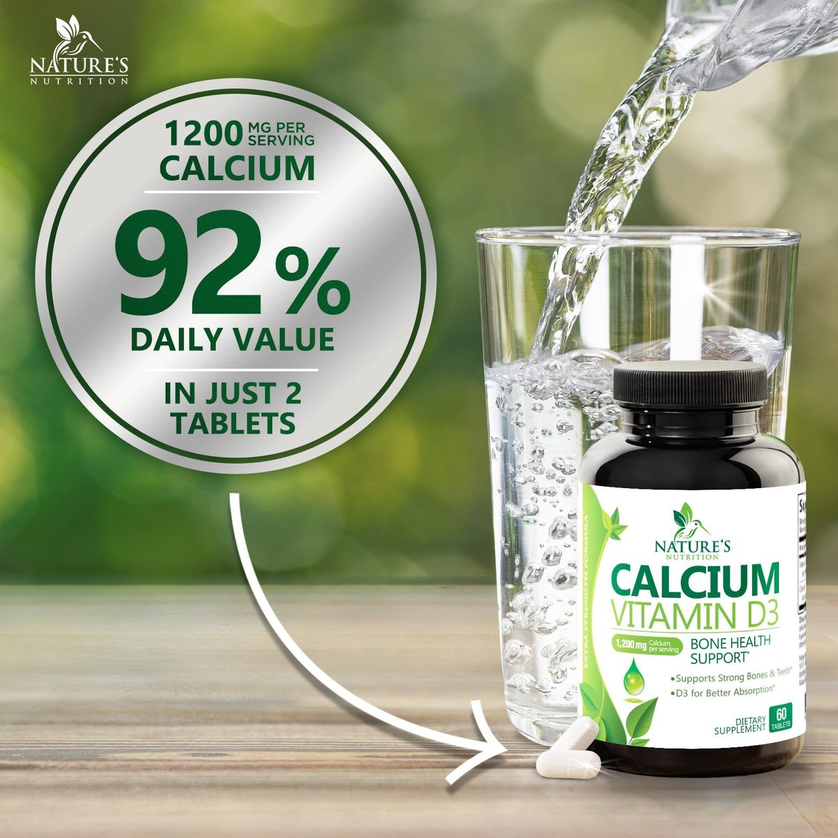 Calcium Supplement with Vitamin D3-1200 mg Calcium per Serving with D3 for Best Absorption - Supports Immune Health, Bones & Teeth - Nature's Calcium is Bottled in USA for Women & Men - 60 Tablets - görsel 9