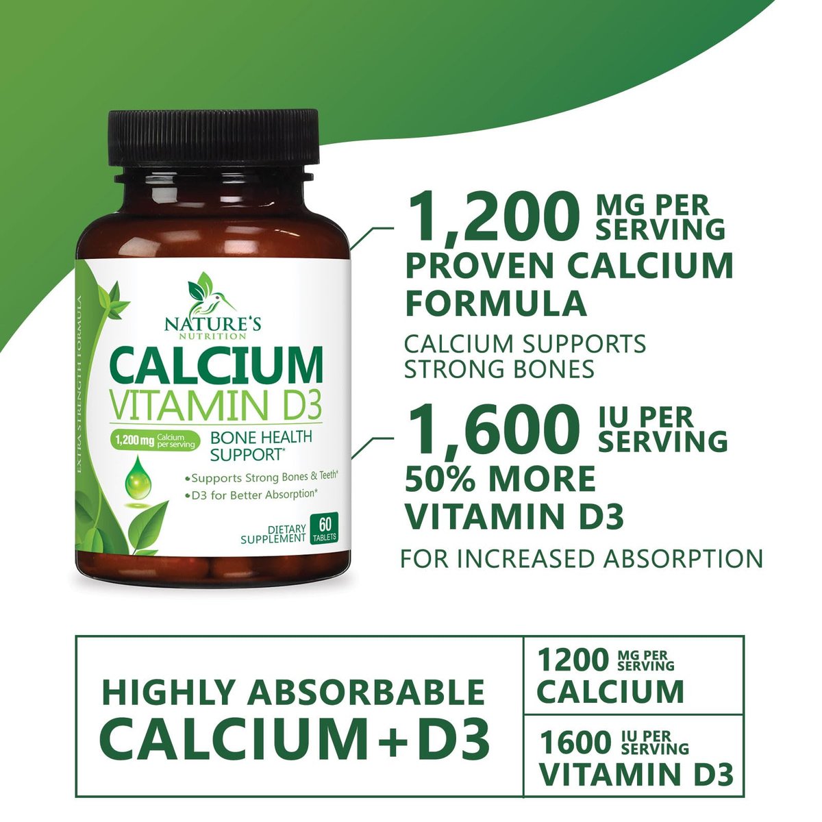 Calcium Supplement with Vitamin D3-1200 mg Calcium per Serving with D3 for Best Absorption - Supports Immune Health, Bones & Teeth - Nature's Calcium is Bottled in USA for Women & Men - 60 Tablets - görsel 5