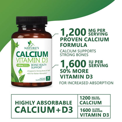 Calcium Supplement with Vitamin D3-1200 mg Calcium per Serving with D3 for Best Absorption - Supports Immune Health, Bones & Teeth - Nature's Calcium is Bottled in USA for Women & Men - 60 Tablets