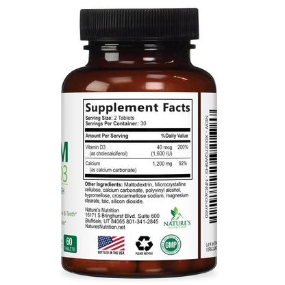 Calcium Supplement with Vitamin D3-1200 mg Calcium per Serving with D3 for Best Absorption - Supports Immune Health, Bones & Teeth - Nature's Calcium is Bottled in USA for Women & Men - 60 Tablets