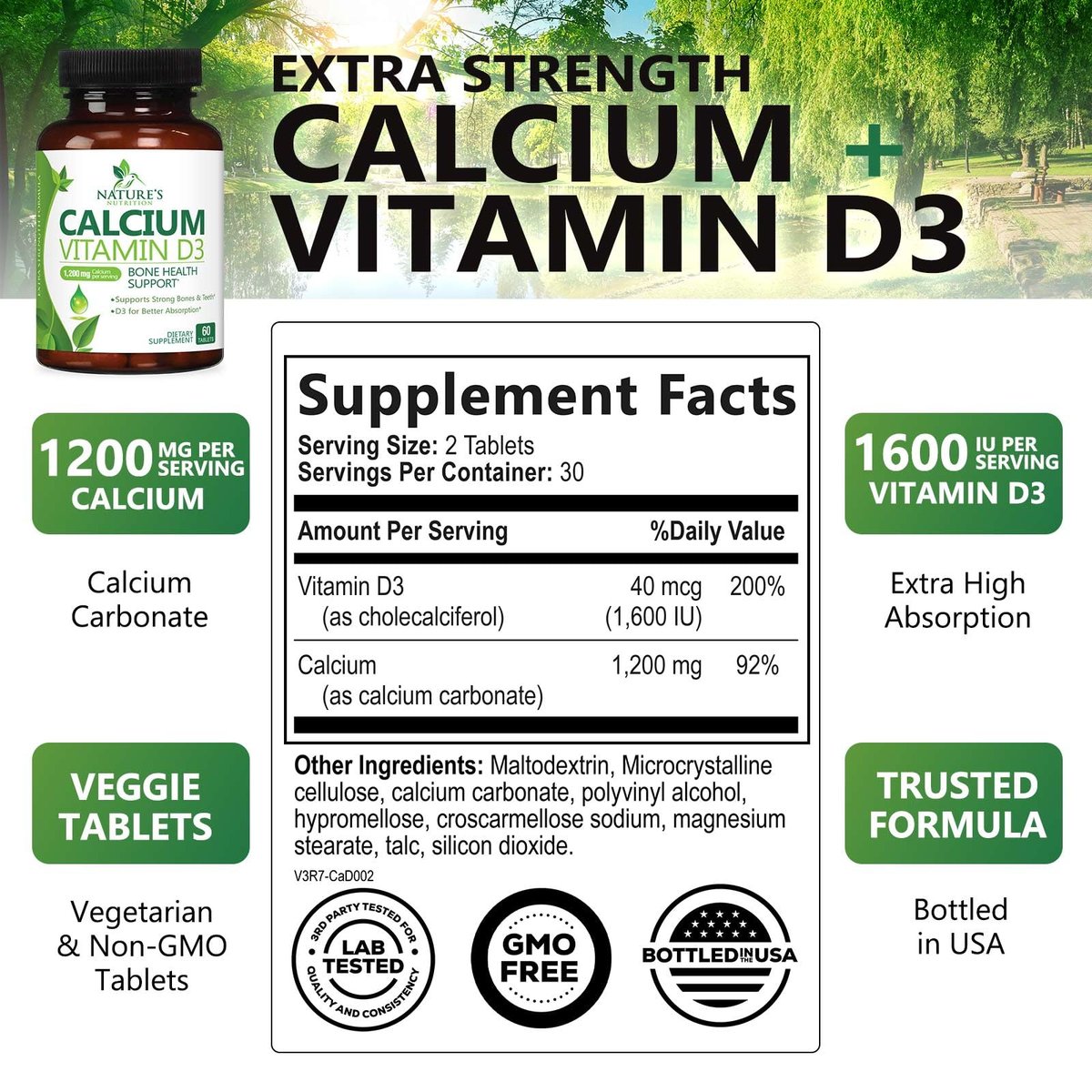 Calcium Supplement with Vitamin D3-1200 mg Calcium per Serving with D3 for Best Absorption - Supports Immune Health, Bones & Teeth - Nature's Calcium is Bottled in USA for Women & Men - 60 Tablets - görsel 3