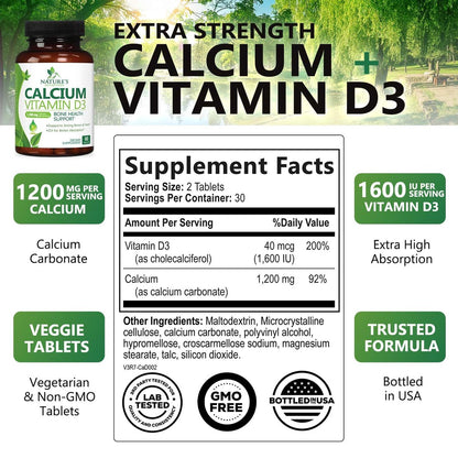 Calcium Supplement with Vitamin D3-1200 mg Calcium per Serving with D3 for Best Absorption - Supports Immune Health, Bones & Teeth - Nature's Calcium is Bottled in USA for Women & Men - 60 Tablets