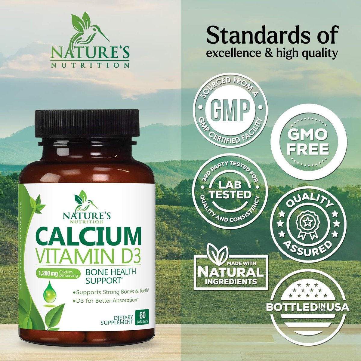Calcium Supplement with Vitamin D3-1200 mg Calcium per Serving with D3 for Best Absorption - Supports Immune Health, Bones & Teeth - Nature's Calcium is Bottled in USA for Women & Men - 60 Tablets - görsel 7