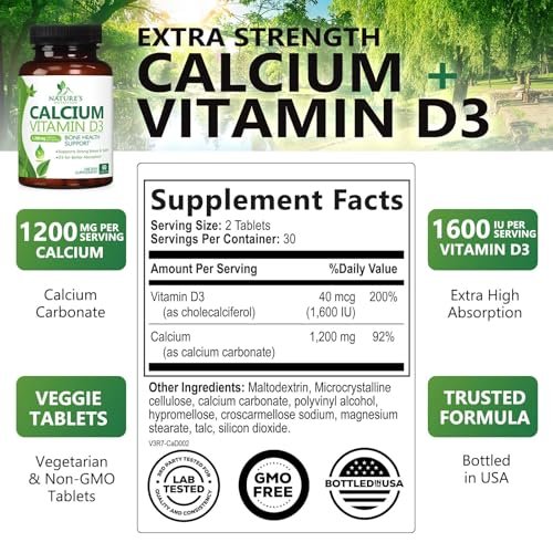 Calcium Supplement with Vitamin D3-1200 mg Calcium per Serving with D3 for Best Absorption - Supports Immune Health, Bones & Teeth - Nature's Calcium is Bottled in USA for Women & Men - 60 Tablets - görsel 4