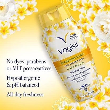 Vagisil Feminine Wash for Intimate Area Hygiene, Scentsitive Scents, pH Balanced and Gynecologist Tested, White Jasmine, 12 oz (Pack of 3)