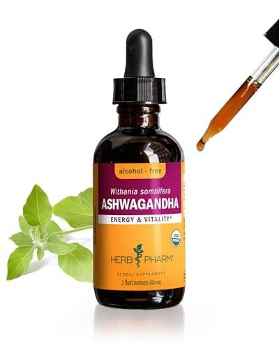 Herb Pharm Ashwagandha, Alcohol Free: Liquid Extract, USDA Organic | Traditional Stress Support Supplement, Ashwagandha Root Glycerite, Tasty Adaptogen Extract for Adults | Up to 6 Week Supply, 2 oz