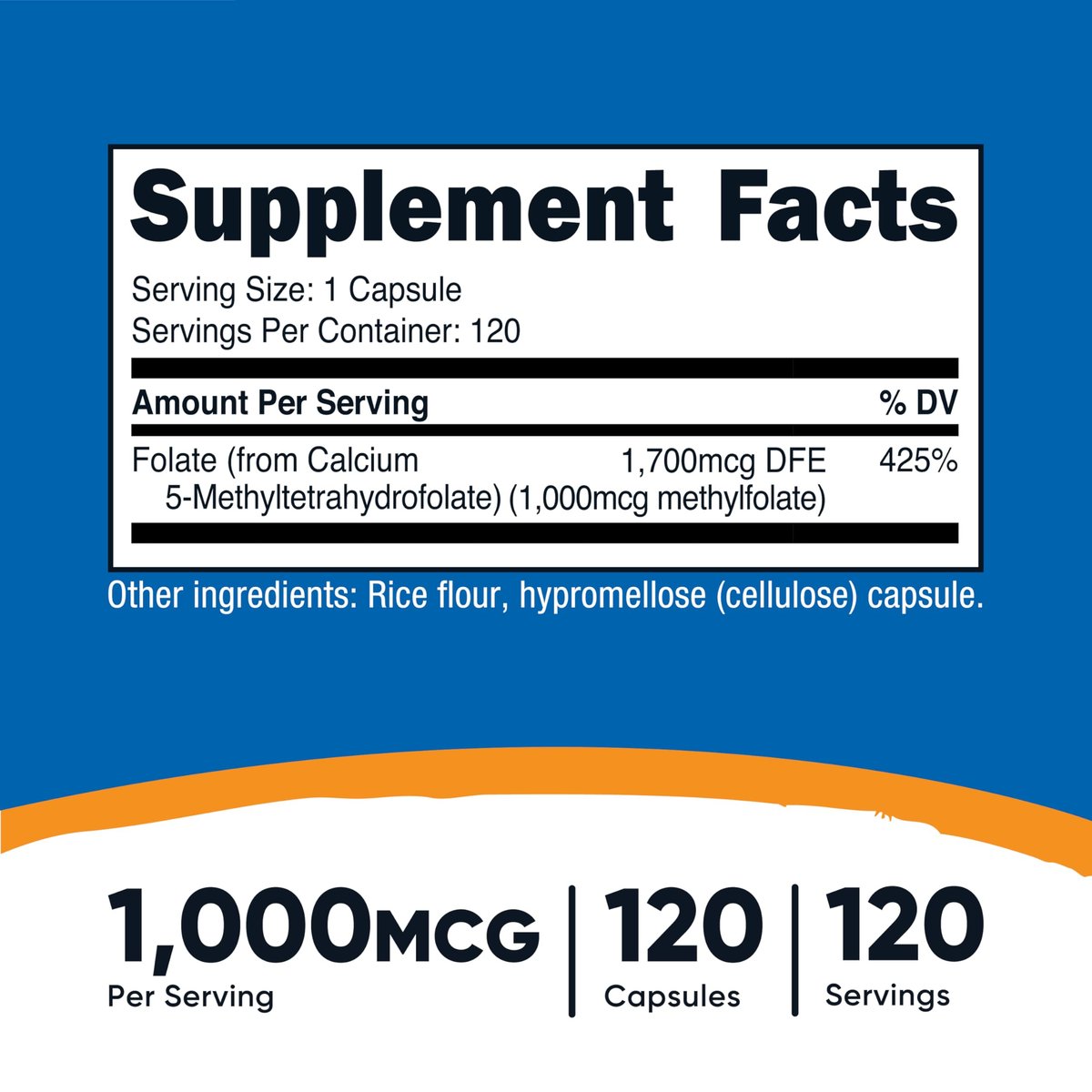 Nutricost Methylfolate 1000mcg, 120 Vegetarian Capsules - Gluten Free, Non-GMO (Methylated Folate) - görsel 3