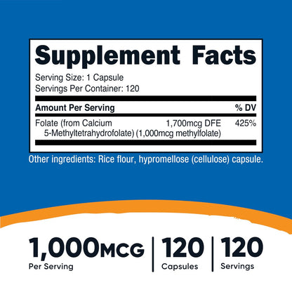 Nutricost Methylfolate 1000mcg, 120 Vegetarian Capsules - Gluten Free, Non-GMO (Methylated Folate)