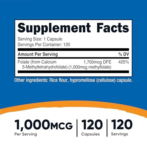 Nutricost Methylfolate 1000mcg, 120 Vegetarian Capsules - Gluten Free, Non-GMO (Methylated Folate) - görsel 4