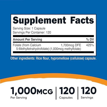 Nutricost Methylfolate 1000mcg, 120 Vegetarian Capsules - Gluten Free, Non-GMO (Methylated Folate)