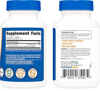 Nutricost Methylfolate 1000mcg, 120 Vegetarian Capsules - Gluten Free, Non-GMO (Methylated Folate)
