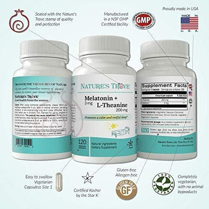 Nature's Trove Melatonin 3mg + L Theanine 200mg – Calm and Relaxation – 120 Kosher Vegetarian Capsules