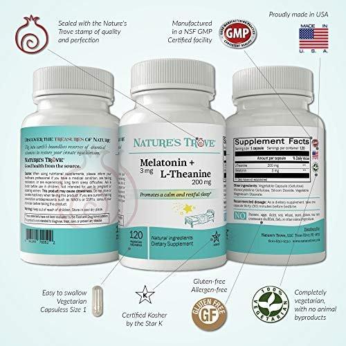 Nature's Trove Melatonin 3mg + L Theanine 200mg – Calm and Relaxation – 120 Kosher Vegetarian Capsules - görsel 6