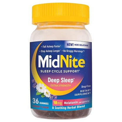 MidNite Deep Sleep Extra Strength, 10 mg Melatonin Sleep Aid, Non-habit Forming, Herbal Dietary Supplement for Adults, Drug-Free, Gluten-Free, and Lactose-Free, Vegetarian-Friendly, 36 Gummies