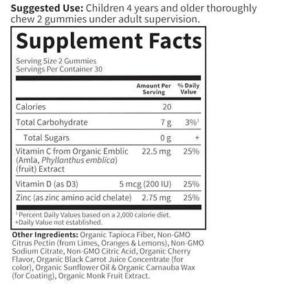 Garden of Life Kids Immune Support Gummies with Vitamin C, D as D3 & Zinc for 3-in-1 Daily Children’s Immunity – Organic, Non-GMO, Gluten-Free, Vegetarian, Sugar Free, Cherry Flavor, 30 Day Supply