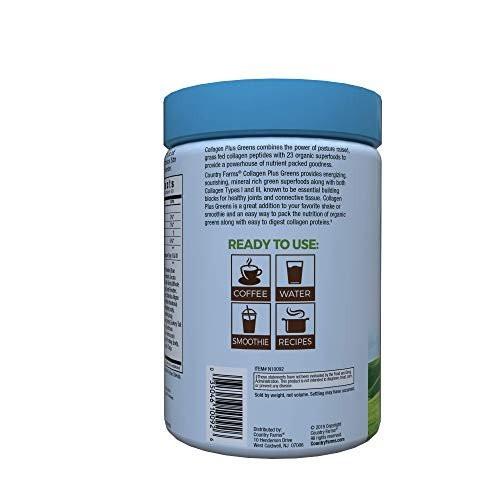 Country Farms Collagen Peptides Powder with Greens Dietary Powder Supplement (Type I, III) for Skin Hair Nail and Joints, Dairy/Gluten/Sugar Free, Energizing Superfoods, Natural, 10.6 Oz 30 Servings - görsel 4