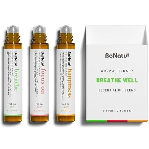 Benatu Essential Oil Blends Set (Breathe, Focus on, Happiness), Natural Aromatherapy Roll On for Massage, Body Skin Care, Home - Natural Fragrance Gift Roller for Women and Men - görsel 6