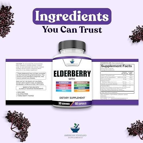 American Standard Supplements Elderberry Extract with Quercetin, Vitamin C, D3, Ginger, Zinc, Turmeric, Astragalus and Echinacea – 60 Capsules, 30 Servings - görsel 12