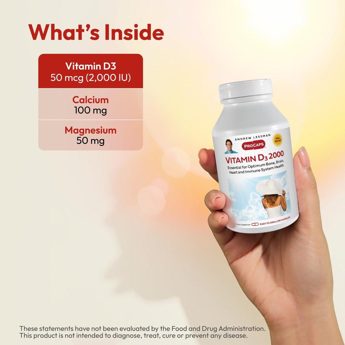 ANDREW LESSMAN Vitamin D3 2000 IU 60 Capsules - High Potency, Essential for Calcium Absorption, Supports Bone Health, Brain Health, Immune System, More. Small Easy to Swallow Capsules - görsel 5