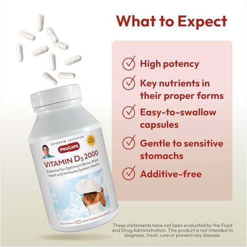 ANDREW LESSMAN Vitamin D3 2000 IU 60 Capsules - High Potency, Essential for Calcium Absorption, Supports Bone Health, Brain Health, Immune System, More. Small Easy to Swallow Capsules - görsel 8