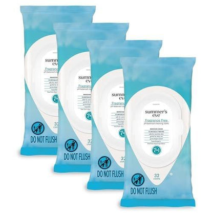 Summer's Eve Feminine Wipes, Fragrance Free, Vaginal Wipes with Gentle pH-Balanced Micellar Water Formula, Feminine Care to Help Remove Vaginal Odor, Gynecologist Tested, 32 Wipes, 4 Pack