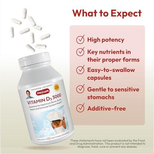 ANDREW LESSMAN Vitamin D3 3000 IU 60 Capsules - High Potency, Essential for Calcium Absorption, Supports Bone Health, Brain Health, Immune System, More. Small Easy to Swallow Capsules - görsel 8