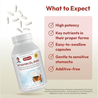 ANDREW LESSMAN Vitamin D3 3000 IU 60 Capsules - High Potency, Essential for Calcium Absorption, Supports Bone Health, Brain Health, Immune System, More. Small Easy to Swallow Capsules