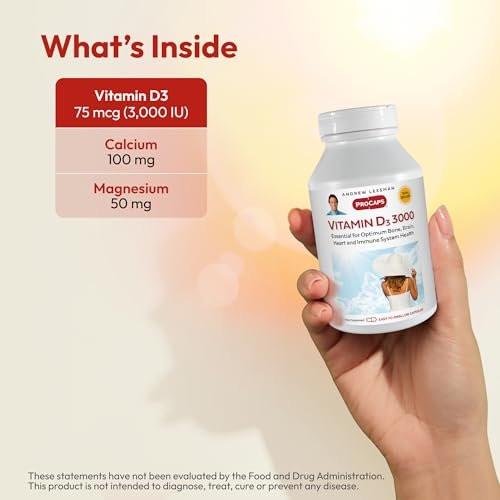 ANDREW LESSMAN Vitamin D3 3000 IU 60 Capsules - High Potency, Essential for Calcium Absorption, Supports Bone Health, Brain Health, Immune System, More. Small Easy to Swallow Capsules - görsel 6