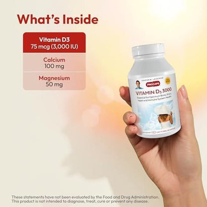 ANDREW LESSMAN Vitamin D3 3000 IU 60 Capsules - High Potency, Essential for Calcium Absorption, Supports Bone Health, Brain Health, Immune System, More. Small Easy to Swallow Capsules