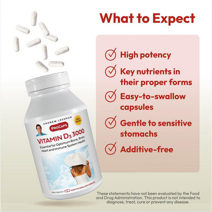 ANDREW LESSMAN Vitamin D3 3000 IU 60 Capsules - High Potency, Essential for Calcium Absorption, Supports Bone Health, Brain Health, Immune System, More. Small Easy to Swallow Capsules