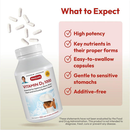 ANDREW LESSMAN Vitamin D3 1000 IU 60 Capsules - High Potency, Essential for Calcium Absorption, Supports Bone Health, Brain Health, Immune System, More. Small Easy to Swallow Capsules
