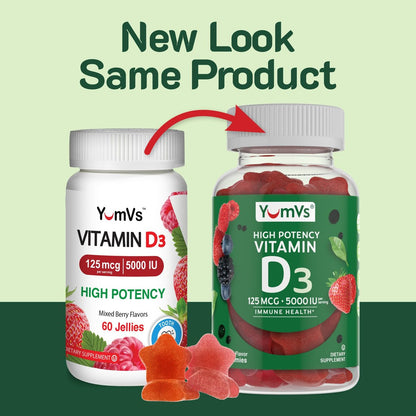 YUM-V'S Vitamin D3 Gummies 5000 IU 125mcg D3 Gummies - Support Immune Support, Strong Bone Health - Non-GMO, Gluten-Free, Dairy-Free, Vitamin D Gummy (120 Count)