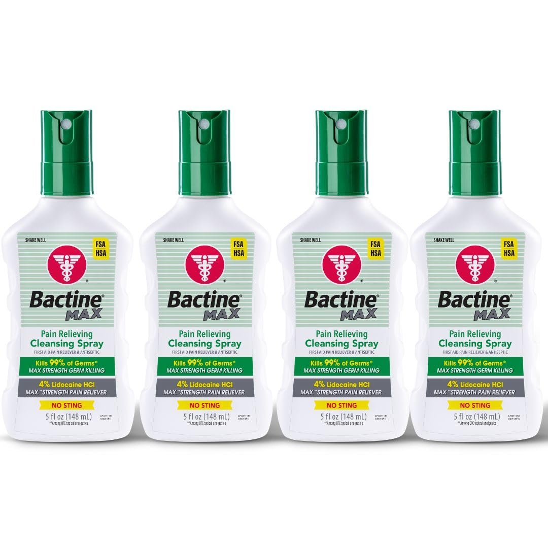 Bactine MAX First Aid Spray - Pain Relief Cleansing Spray with 4% Lidocaine - Numbing Lidocaine Kills 99% of Germs - Pain + Itch Relief for Minor Cuts & Scrapes, Burns & Bug Bites - 5oz, 4 Pack - görsel 1