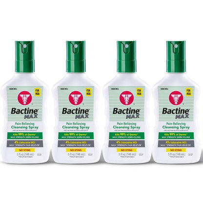 Bactine MAX First Aid Spray - Pain Relief Cleansing Spray with 4% Lidocaine - Numbing Lidocaine Kills 99% of Germs - Pain + Itch Relief for Minor Cuts & Scrapes, Burns & Bug Bites - 5oz, 4 Pack