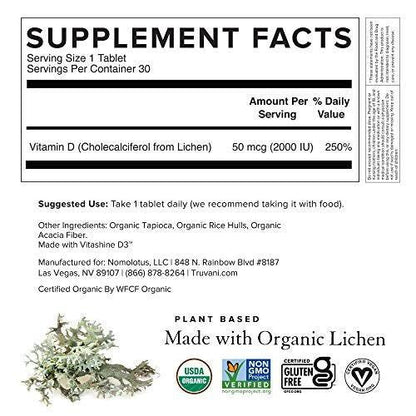 Truvani Organic Vitamin D3 - Plant-Based, USDA Organic, Gluten-Free, Non-GMO, Vegan D3 Supplement - Supports Bone, Immune & Brain Health - 30 Tablets