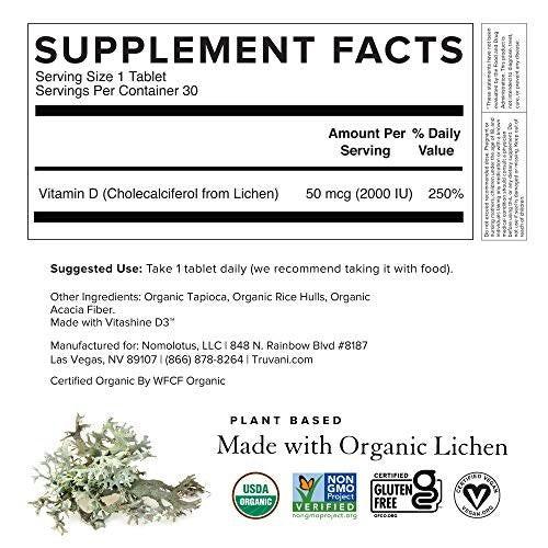 Truvani Organic Vitamin D3 - Plant-Based, USDA Organic, Gluten-Free, Non-GMO, Vegan D3 Supplement - Supports Bone, Immune & Brain Health - 30 Tablets - görsel 5