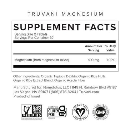 Truvani Magnesium 400mg Oxide Tablets | 60 Tablets | Supports Calm and Sleep, Healthy Bones, Muscle Health, Digestive Health | Non-GMO, Vegan Pills