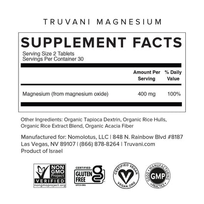 Truvani Magnesium 400mg Oxide Tablets | 60 Tablets | Supports Calm and Sleep, Healthy Bones, Muscle Health, Digestive Health | Non-GMO, Vegan Pills