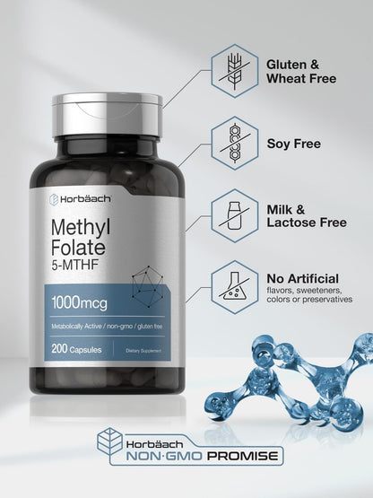 Horbäach Methyl Folate Supplement | 1000 mcg | 200 Capsules | 5-MTHF | Folic Acid | Non-GMO, Gluten Free Methylfolate