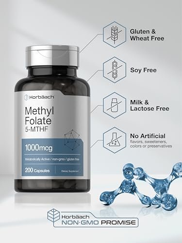 Horbäach Methyl Folate Supplement | 1000 mcg | 200 Capsules | 5-MTHF | Folic Acid | Non-GMO, Gluten Free Methylfolate - görsel 10