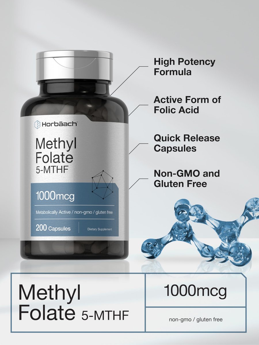 Horbäach Methyl Folate Supplement | 1000 mcg | 200 Capsules | 5-MTHF | Folic Acid | Non-GMO, Gluten Free Methylfolate - görsel 7