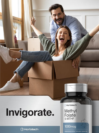 Horbäach Methyl Folate Supplement | 1000 mcg | 200 Capsules | 5-MTHF | Folic Acid | Non-GMO, Gluten Free Methylfolate
