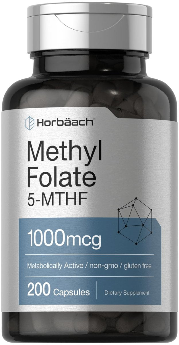 Horbäach Methyl Folate Supplement | 1000 mcg | 200 Capsules | 5-MTHF | Folic Acid | Non-GMO, Gluten Free Methylfolate - görsel 1