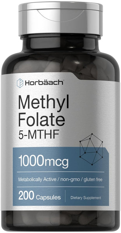 Horbäach Methyl Folate Supplement | 1000 mcg | 200 Capsules | 5-MTHF | Folic Acid | Non-GMO, Gluten Free Methylfolate
