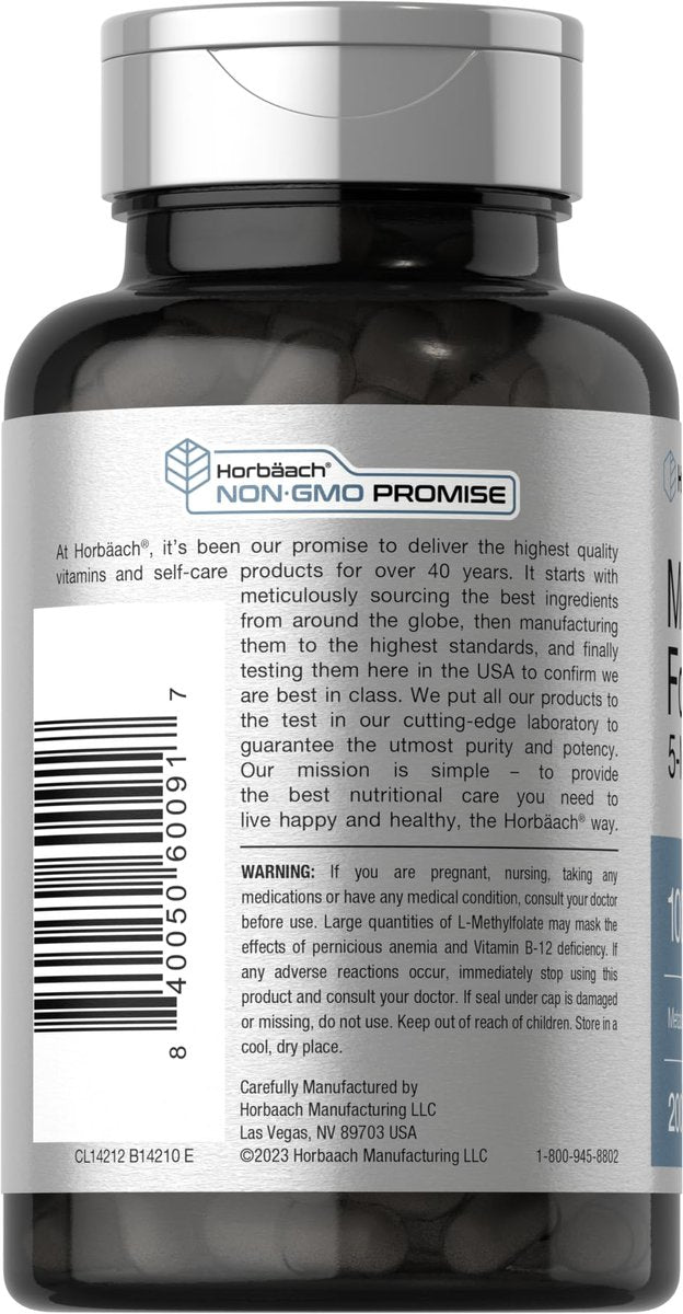 Horbäach Methyl Folate Supplement | 1000 mcg | 200 Capsules | 5-MTHF | Folic Acid | Non-GMO, Gluten Free Methylfolate - görsel 5
