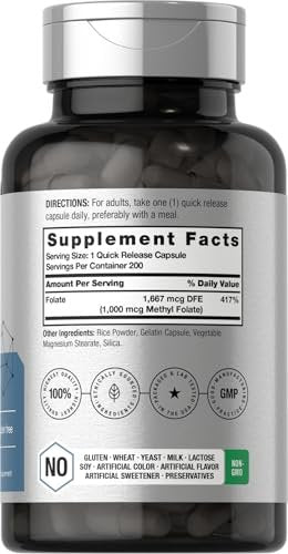 Horbäach Methyl Folate Supplement | 1000 mcg | 200 Capsules | 5-MTHF | Folic Acid | Non-GMO, Gluten Free Methylfolate - görsel 4