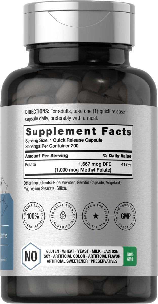 Horbäach Methyl Folate Supplement | 1000 mcg | 200 Capsules | 5-MTHF | Folic Acid | Non-GMO, Gluten Free Methylfolate - görsel 3