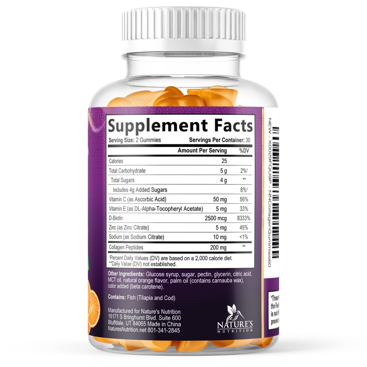 Collagen Peptides Gummies with 2500mcg Biotin Per Serving - Hair Growth, Skin & Nails Supplement - Hydrolyzed Collagen Multi Type I & III, Vitamin C for Immune Support, Orange Flavor, 60 Gummies - görsel 1