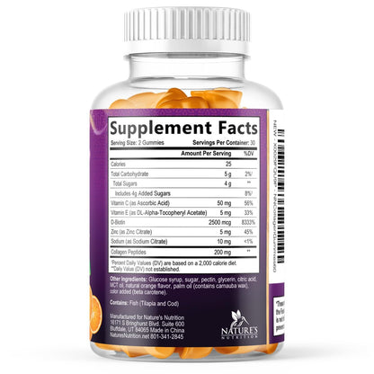 Collagen Peptides Gummies with 2500mcg Biotin Per Serving - Hair Growth, Skin & Nails Supplement - Hydrolyzed Collagen Multi Type I & III, Vitamin C for Immune Support, Orange Flavor, 60 Gummies